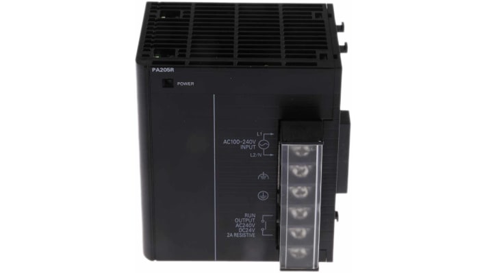 Alimentatore PLC Omron CJ1W-PA205R, 25 W, 5 A, montaggio su guida DIN, dimensioni 81,6 x 90 x 80 mm.