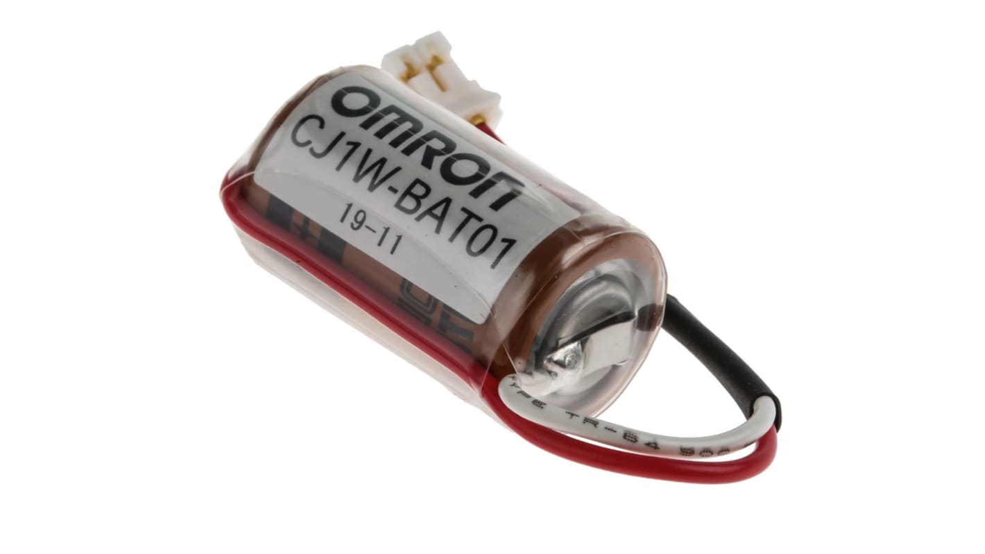 Batteria Omron CJ1W-BAT01 per CPU PLC serie Cj2, 3 V, 850 mAh, dimensioni 15 x 15 x 35 mm, durata 5 anni a 25 °C.