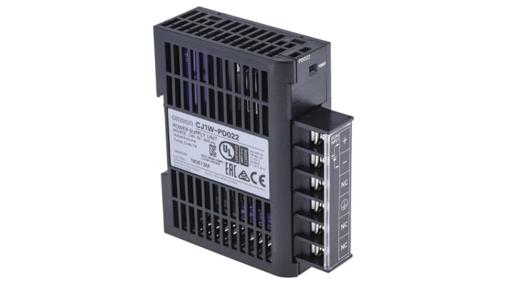 Alimentatore PLC Omron CJ1W-PD022 per serie CJ1M, montaggio su guida DIN, dimensioni 81,6 x 90 x 27 mm, uscita 2 A.