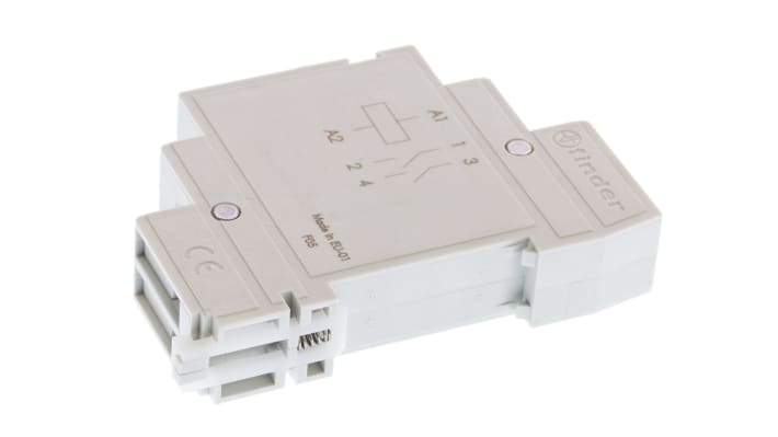 Finder Relè di potenza DPST serie 22, bobina 24V, montaggio su guida DIN, dimensioni 84mm x 58.4mm x 17.5mm.