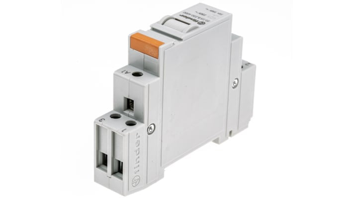Finder 22.23.8.230.4000, relè di potenza SPST-NC/SPST-NO, montaggio su guida DIN, dimensioni 17,4 x 58,4 x 84 mm.