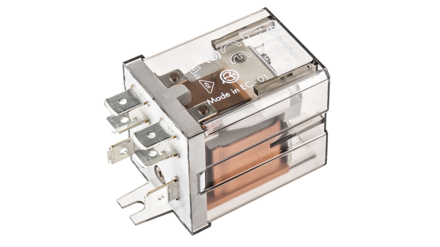 Relè di potenza Finder 65.31.8.024.0000, DPST, 24V, montaggio su flangia, 20A, dimensioni 62.2mm x 36.5mm x 32.2mm.