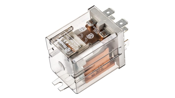 Relè di potenza Finder 65.31.8.024.0000, DPST, 24V, montaggio su flangia, 20A, dimensioni 62.2mm x 36.5mm x 32.2mm.