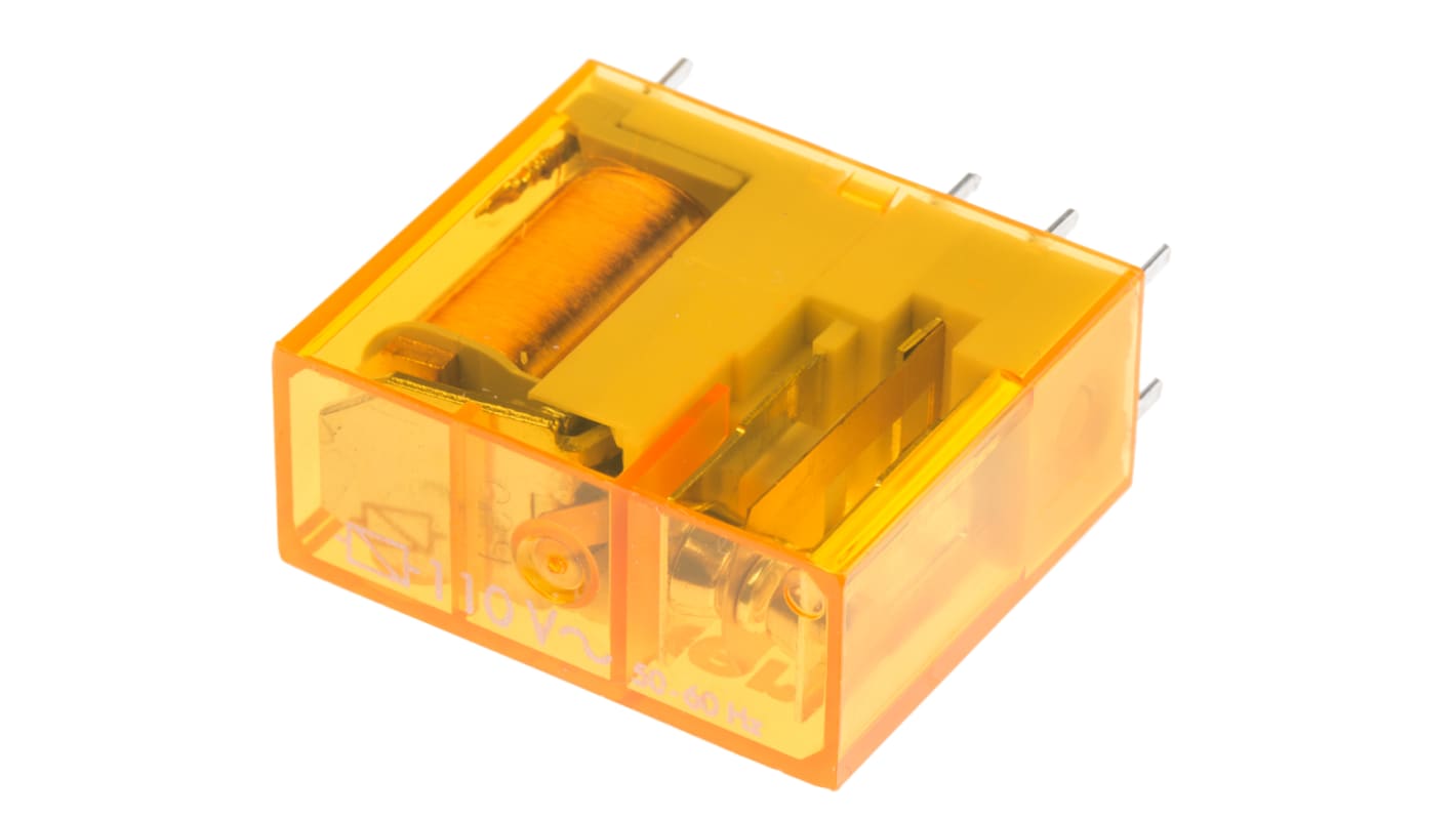 Finder 40.61.8.110.0000, relè di potenza SPDT per montaggio su PCB, 16A, 110V ca, dimensioni 25x29x12,4 mm.