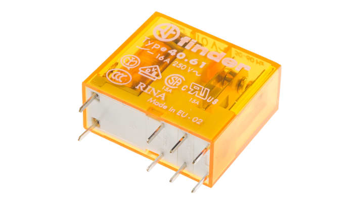 Finder 40.61.8.110.0000, relè di potenza SPDT per montaggio su PCB, 16A, 110V ca, dimensioni 25x29x12,4 mm.