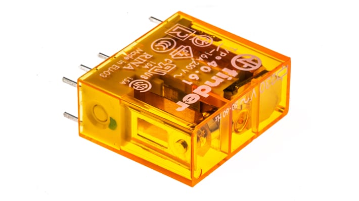 Finder 40.61.8.230.0000, relè di potenza SPDT per montaggio su PCB, 16A, bobina 230V, dimensioni 25x29x12.4mm.