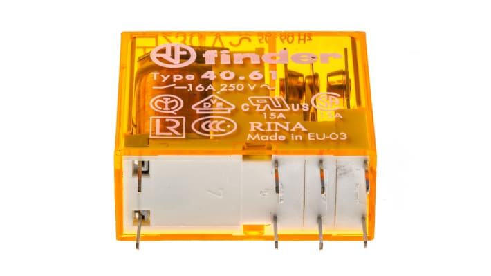 Finder 40.61.8.230.0000, relè di potenza SPDT per montaggio su PCB, 16A, bobina 230V, dimensioni 25x29x12.4mm.