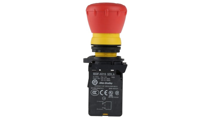 Pulsante di arresto di emergenza Allen Bradley 800F, montaggio a pannello, diametro foro 22,5 mm, colore rosso, IP66.