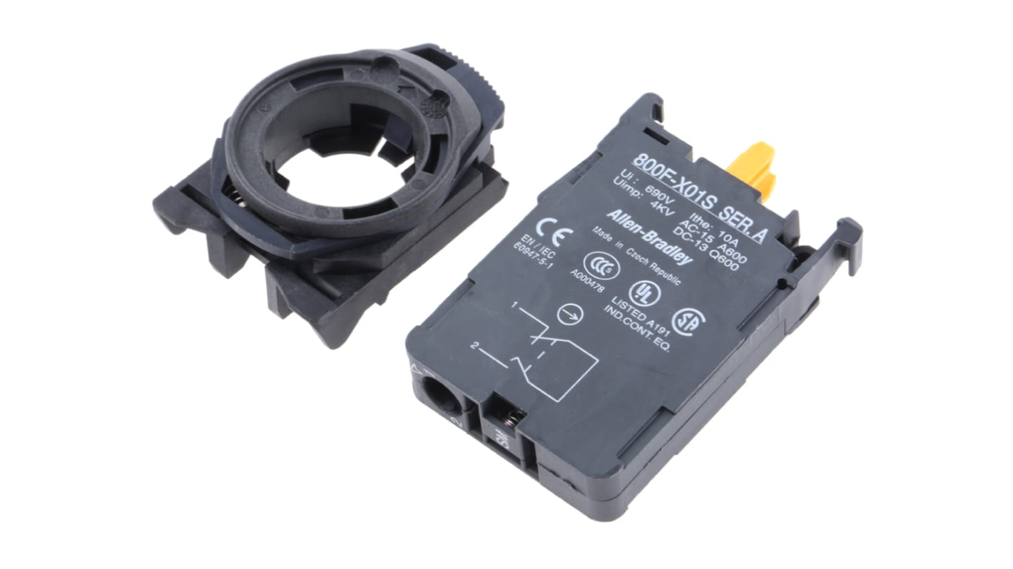 Blocco contatti Allen Bradley 800F-PX01S, con terminazioni a vite e protezione IP66, montaggio su base 22mm.
