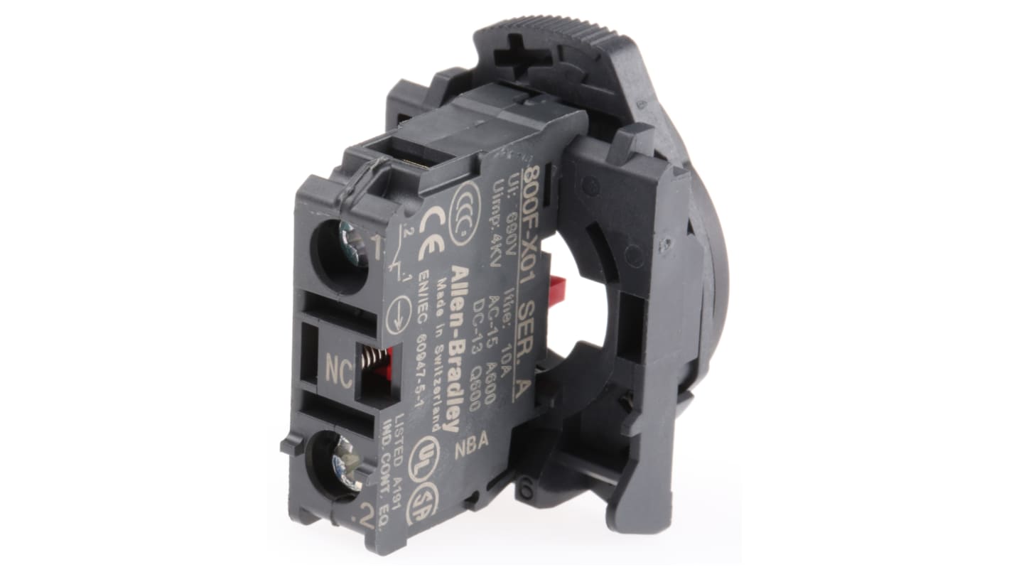 Blocco contatti Allen Bradley 800F-PX01, 1NC, 600 V, con terminali a vite e montaggio su base, marcato CE.