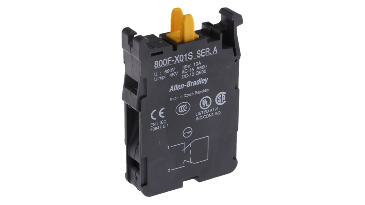 Blocco contatti Allen Bradley 800F-X01S, 1NC, 690V, terminazioni a vite, resistente e affidabile per applicazioni industriali. Conforme a CE, UL, CSA.