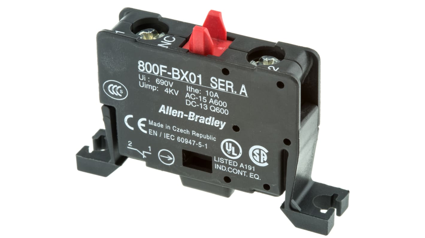 Allen Bradley 800F-NX-BX01, blocco contatti 1NC per pulsanti, montaggio su base, tensione 600V, grado di protezione IP2X.