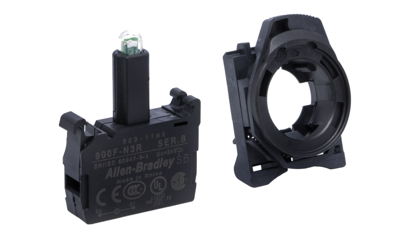 Allen Bradley 800F-PN3R, blocco contatti luminoso LED rosso, tensione 24V, collare di fissaggio incluso, grado di protezione IP66.