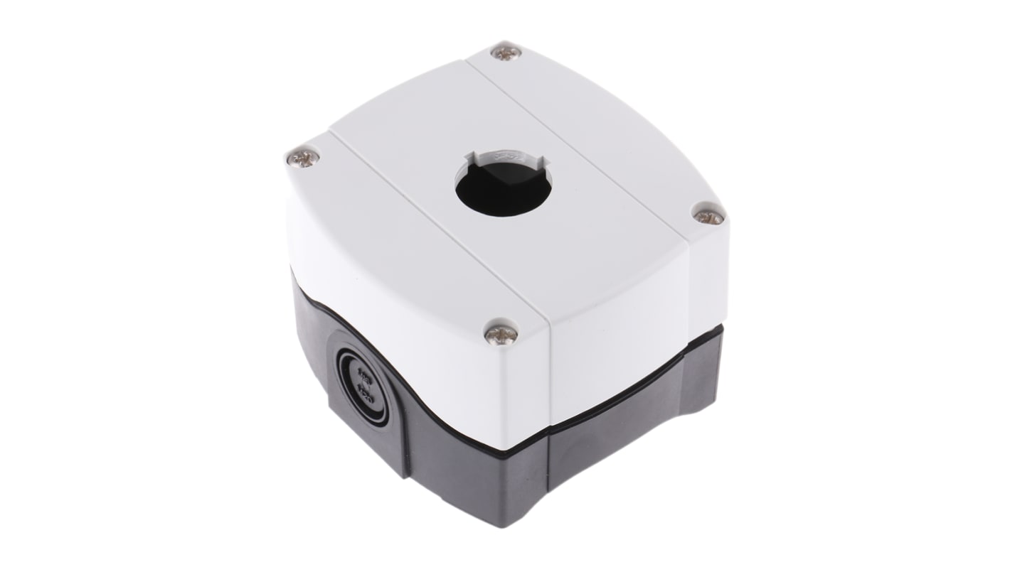 Scatola per pulsante Allen Bradley 800F-1PM, IP66, 1 foro Ø 22mm, in plastica grigia, compatibile con moduli contatti.