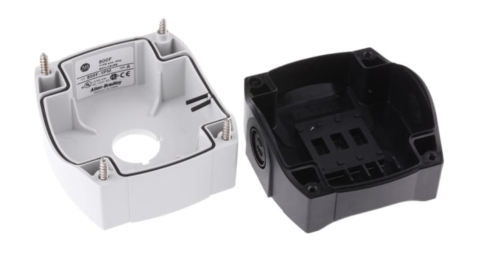 Scatola per pulsante Allen Bradley 800F-1PM, IP66, 1 foro Ø 22mm, in plastica grigia, compatibile con moduli contatti.