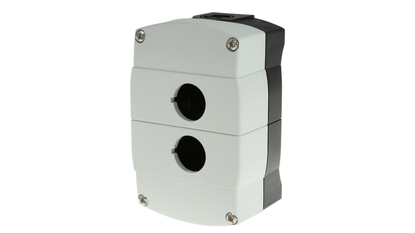 Scatola per pulsante Allen Bradley 800F-2PM, IP66, dimensioni 124x79x58 mm, colore grigio, con 2 fori Ø 22mm, resistente a polvere e getti d'acqua.