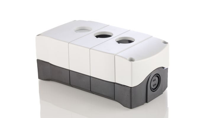 Scatola per pulsante Allen Bradley 800F-3PM, 3 fori Ø 22mm, IP66. Protezione da polvere e umidità, ideale per ambienti industriali.