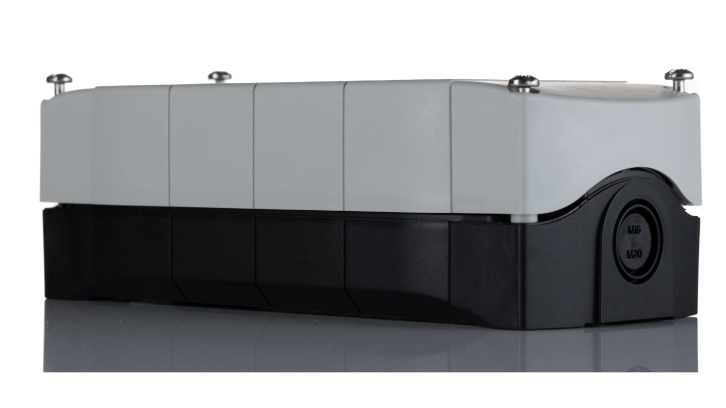 Scatola per pulsante Allen Bradley 800F-4PM, IP66, 4 fori Ø 22mm, dimensioni 186x79x58 mm, montaggio a pannello.