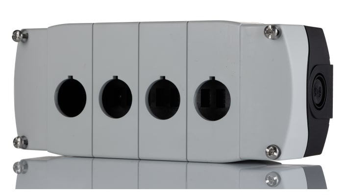 Scatola per pulsante Allen Bradley 800F-4PM, IP66, 4 fori Ø 22mm, dimensioni 186x79x58 mm, montaggio a pannello.