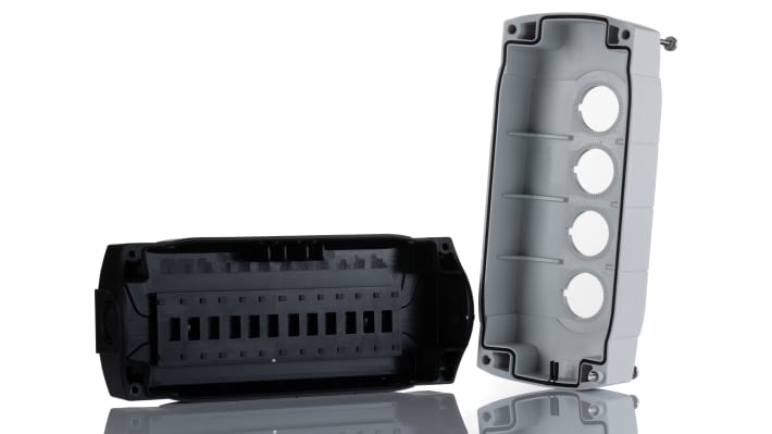 Scatola per pulsante Allen Bradley 800F-4PM, IP66, 4 fori Ø 22mm, dimensioni 186x79x58 mm, montaggio a pannello.