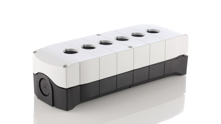 Scatola per pulsante Allen Bradley 800F-6PM, grigio, IP66, 6 fori Ø 22mm, compatibile con moduli contatti, in plastica resistente.