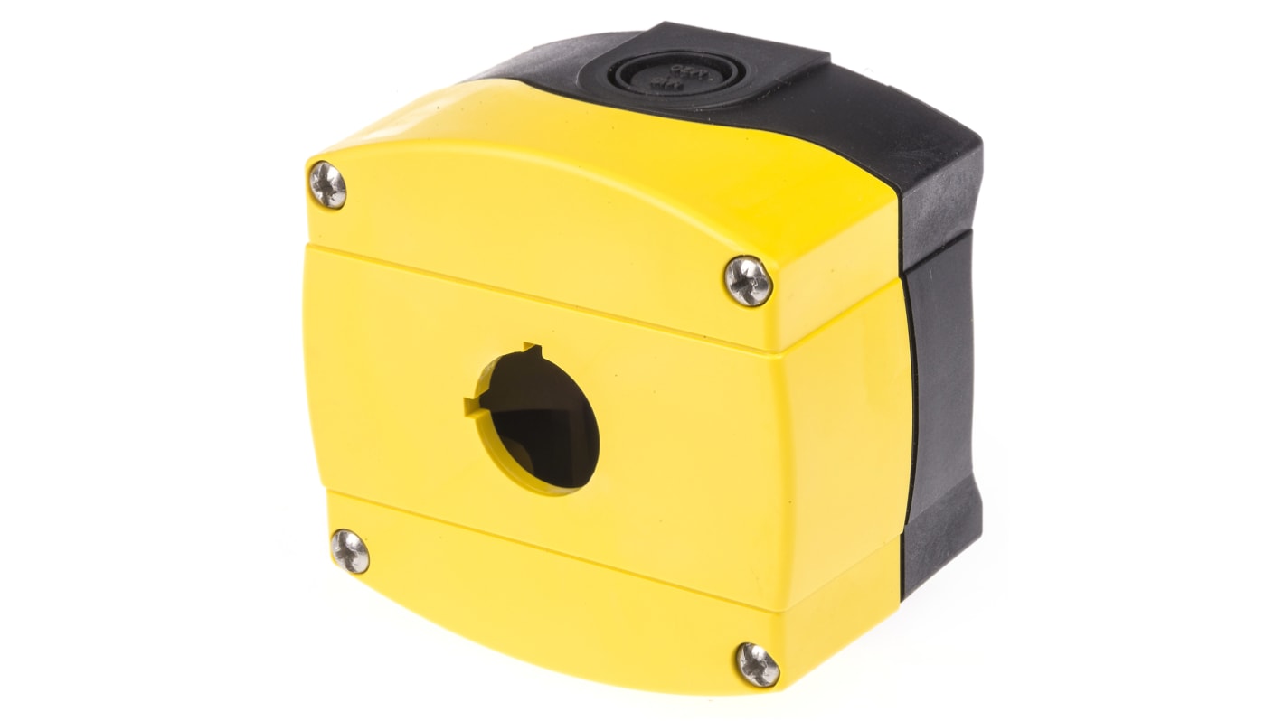 Scatola per pulsante Allen Bradley 800F-1YM, IP66, plastica gialla, 1 foro Ø 22mm, dimensioni 85 x 89 x 58 mm, adatta per ambienti industriali.