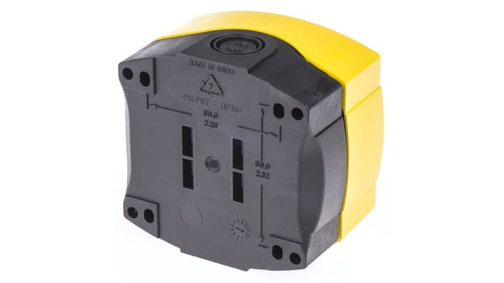 Scatola per pulsante Allen Bradley 800F-1YM, IP66, plastica gialla, 1 foro Ø 22mm, dimensioni 85 x 89 x 58 mm, adatta per ambienti industriali.