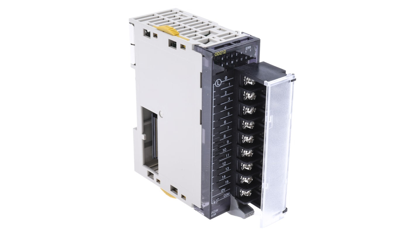 Modulo I/O PLC Omron CJ1W-OD212, Serie SYSMAC CJ, 16 punti, uscita transistor, 500mA, dimensioni 89x31x95,4mm. Ideale per automazione industriale e robotica.