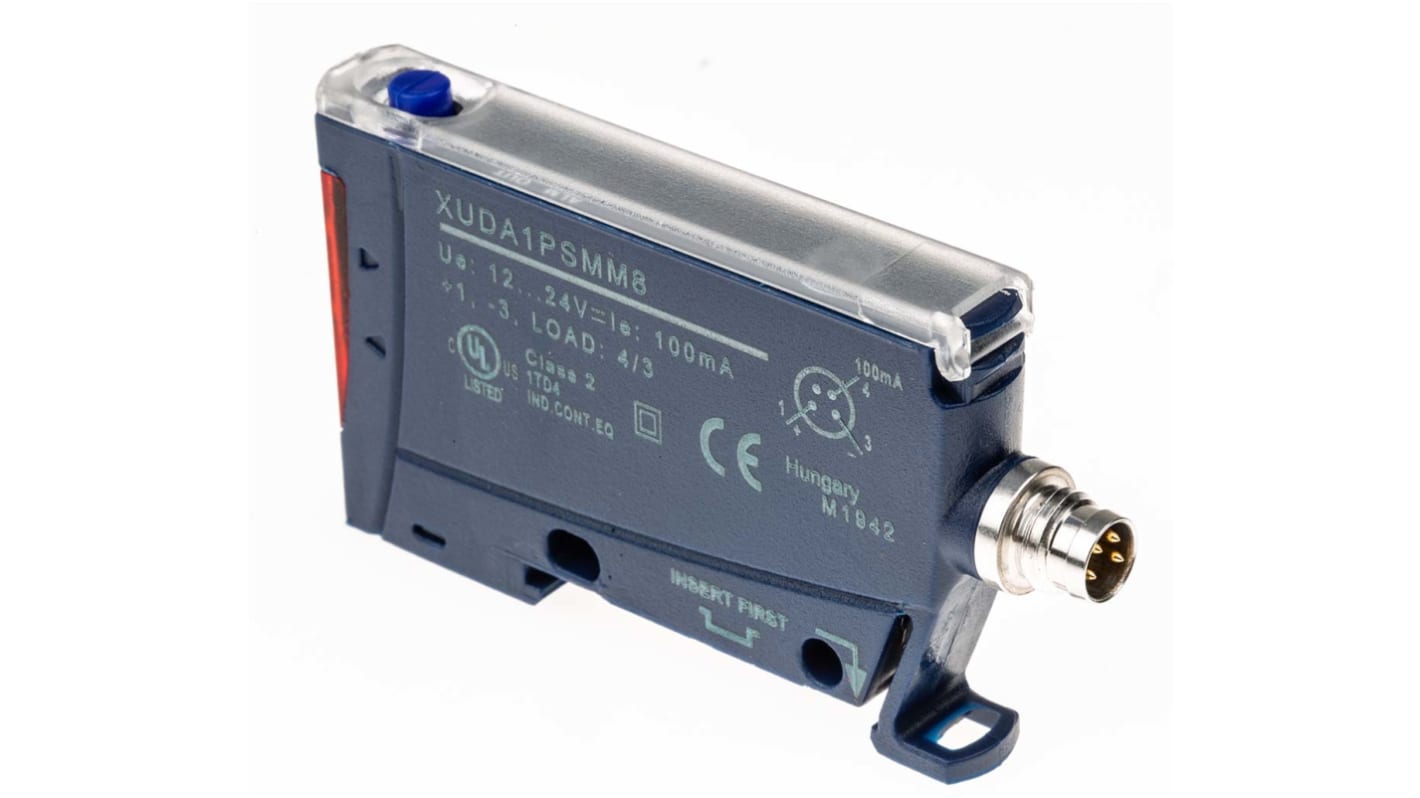 Sensore per fibre ottiche Telemecanique Sensors XUDA1PSMM8, PNP, 12-24 V c.c., 65 x 40 x 10 mm, 4 pin M8 maschio.