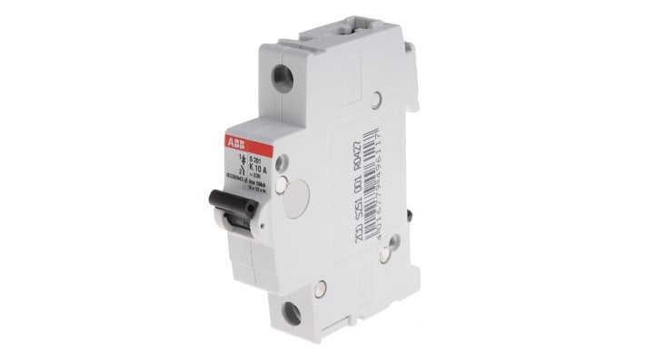 Interruttore magnetotermico ABB S201-K10, 1P 10A, 6 kA, montaggio su guida DIN, dimensioni 88mm x 17.5mm x 76mm.