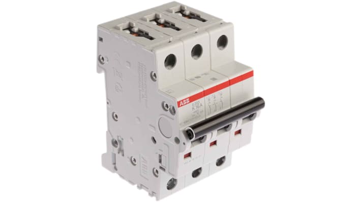 Interruttore magnetotermico ABB S203-K16, 3 poli, 16A, montaggio su guida DIN, dimensioni 52.5 mm x 76 mm.