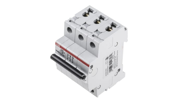 Interruttore magnetotermico ABB S203-K32, 3 poli, 32A, montaggio su guida DIN, conforme a BS EN 60898. Dimensioni 88mm x 76mm.