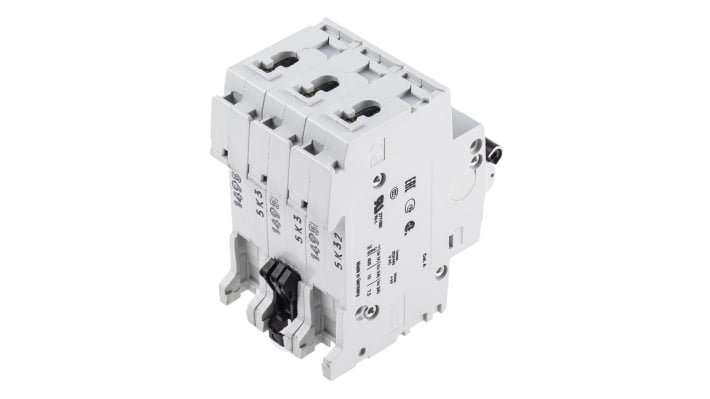 Interruttore magnetotermico ABB S203-K32, 3 poli, 32A, montaggio su guida DIN, conforme a BS EN 60898. Dimensioni 88mm x 76mm.