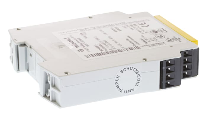 Relè di sicurezza Wieland R1.188.0500.1, 2 canali, 24V, 6 A, con LED di stato e funzione di ripresa automatica. Dimensioni: 96,5 x 22,5 x 114 mm.