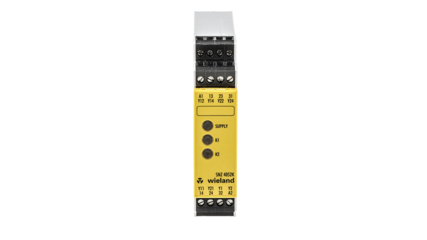 Relè di sicurezza Wieland R1.188.0530.1 per controllo a due mani, 2 canali, 24V ca/cc. Conforme a norme EN 60204, EN 954-1, IEC 204-1. LED indicatore e contatti 6A. Ideale per applicazioni industriali.