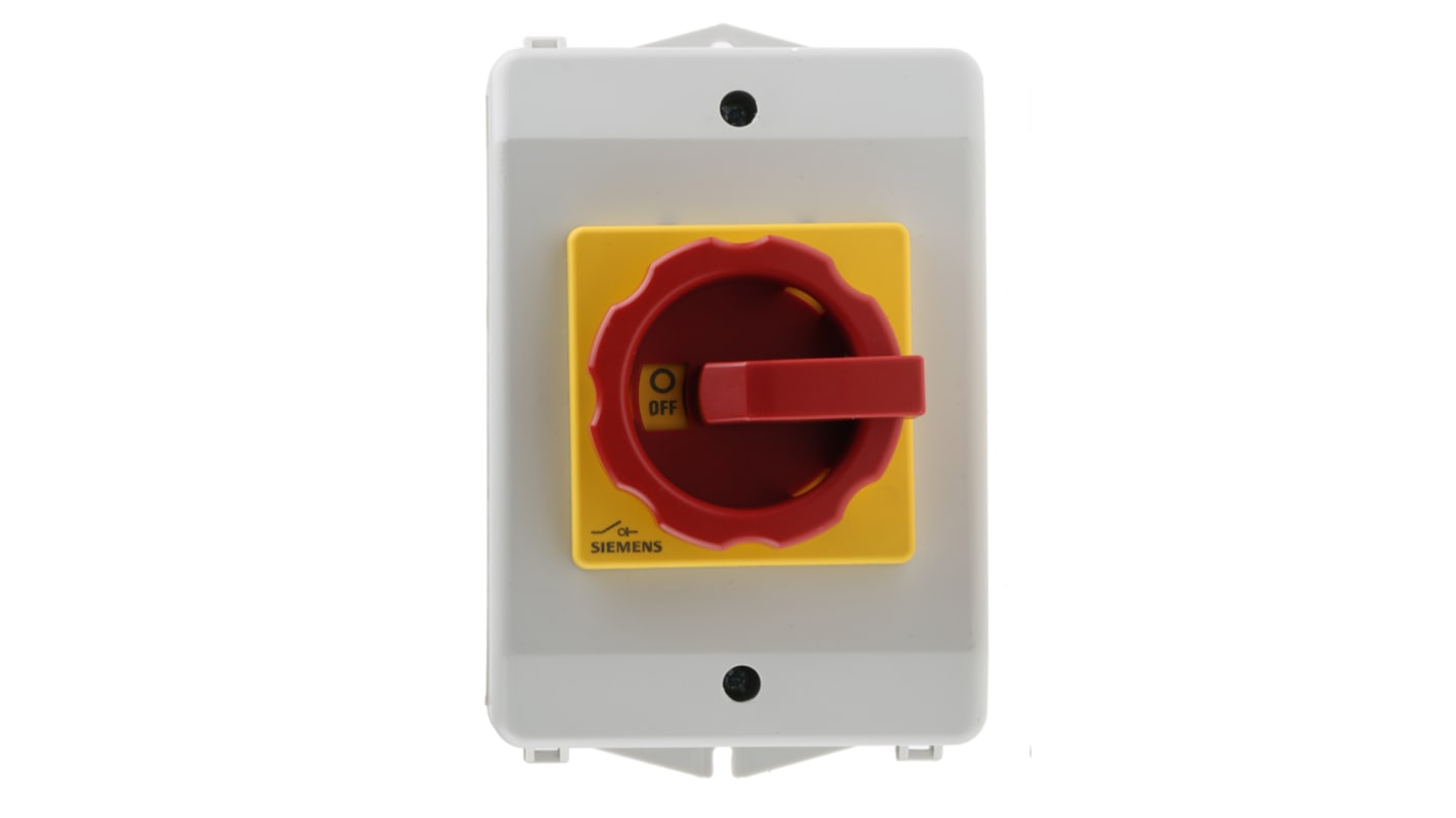 Interruttore di isolamento Siemens 3LD2064-0TB53, 3 poli, IP65, 16A, 690V, manopola rossa, dimensioni 100x140x81mm.