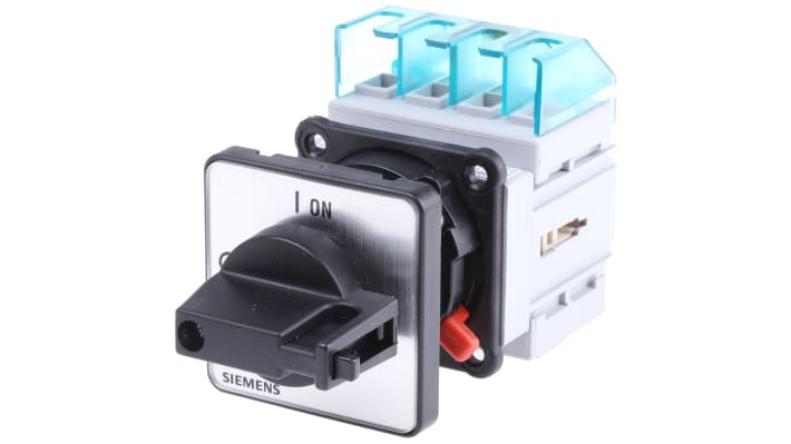 Interruttore di isolamento Siemens 3LD2050-0TK11, 3 poli, 16A, montaggio a pannello, dimensioni 48 x 48 mm, protezione IP65.