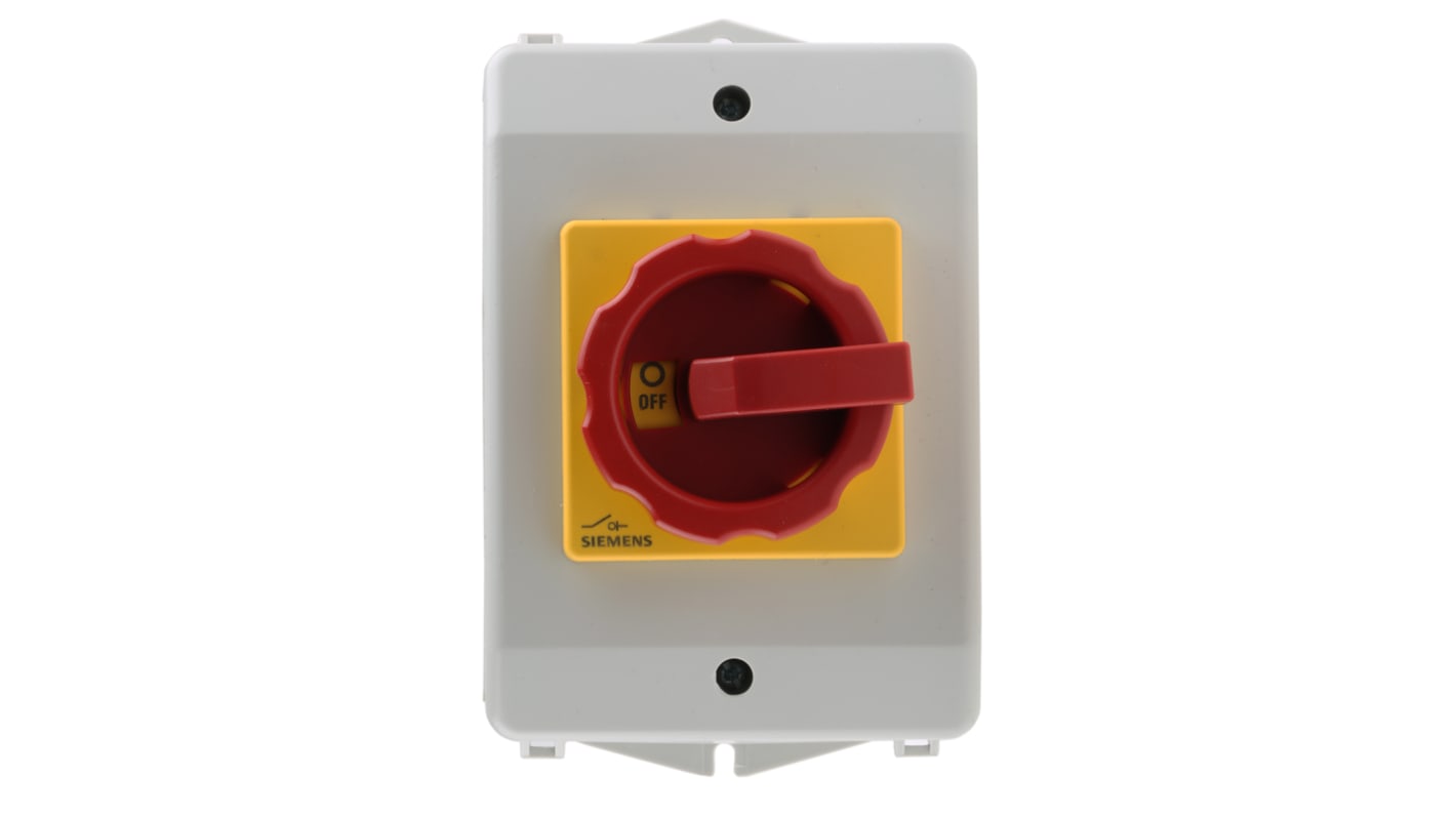 Interruttore di isolamento Siemens 3LD2164-0TB53, 3 poli, 25A, IP65, manopola rossa per emergenza, dimensioni 100x140x81mm.