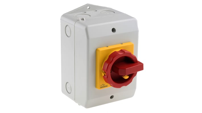 Interruttore di isolamento Siemens 3LD2164-0TB53, 3 poli, 25A, IP65, manopola rossa per emergenza, dimensioni 100x140x81mm.