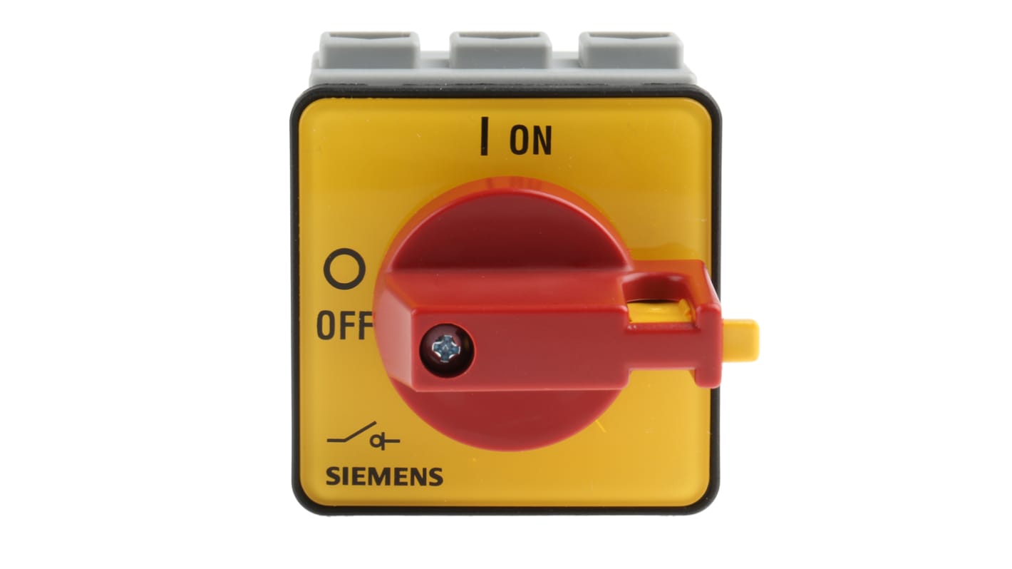 Interruttore di isolamento Siemens 3LD2222-0TK13, 3 poli, montaggio a pannello, grado di protezione IP65, dimensioni 49x49x50 mm.