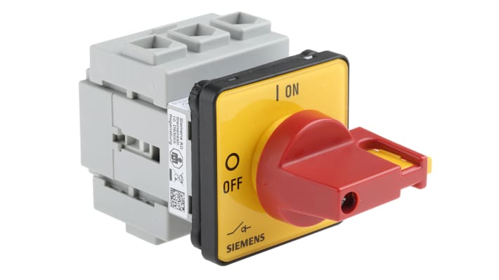 Interruttore di isolamento Siemens 3LD2222-0TK13, 3 poli, montaggio a pannello, grado di protezione IP65, dimensioni 49x49x50 mm.