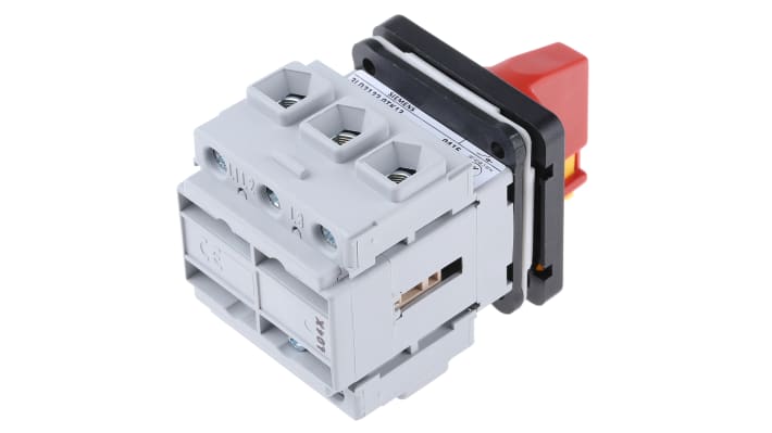 Interruttore di isolamento Siemens 3LD2122-0TK13, 3 poli, 25A, montaggio a pannello, protezione IP65, dimensioni 48x48 mm.