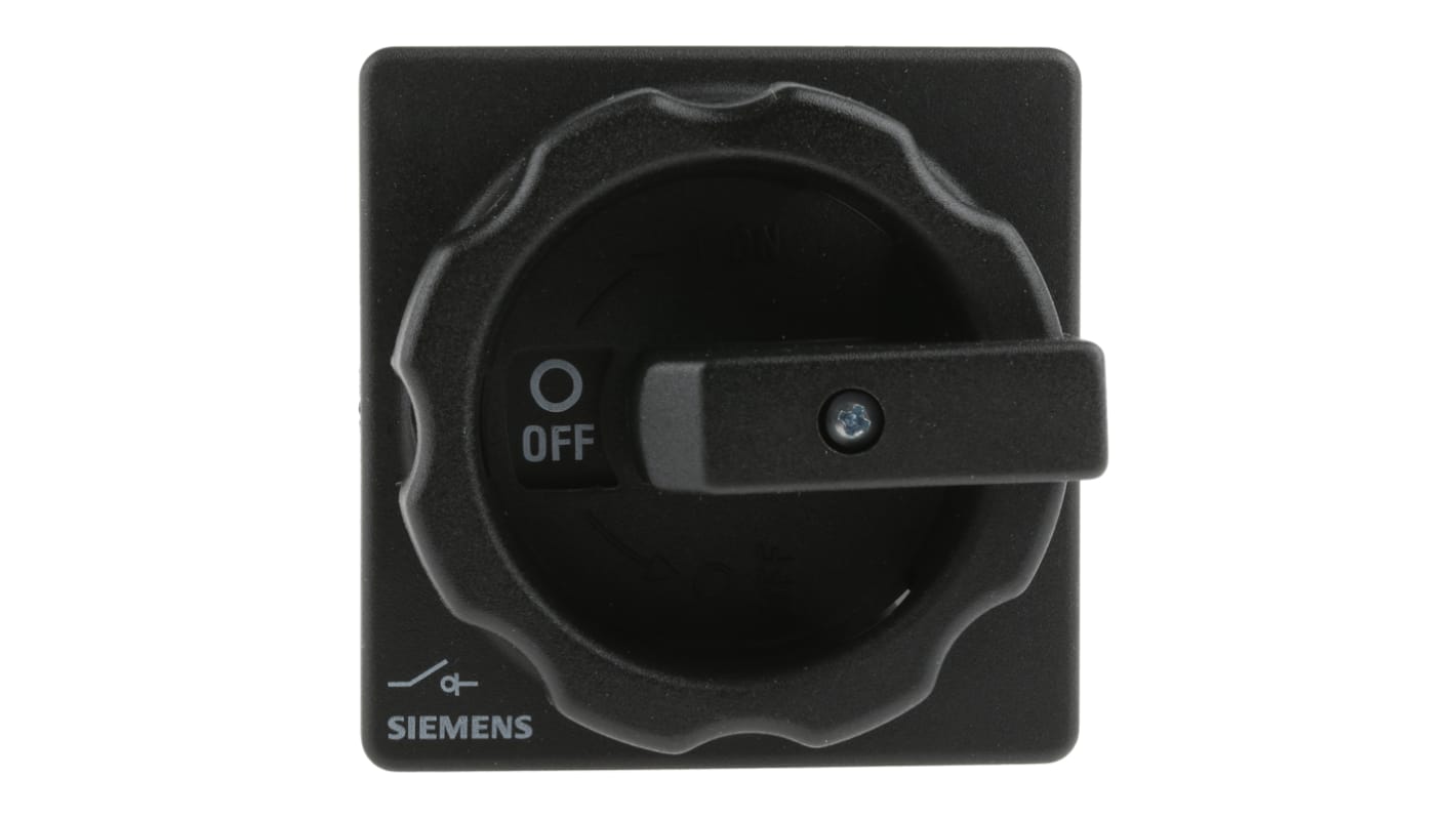Interruttore di isolamento Siemens 3 poli, 32A, IP65, montaggio a pannello, dimensioni 83x67x92.5mm, maniglia nera.