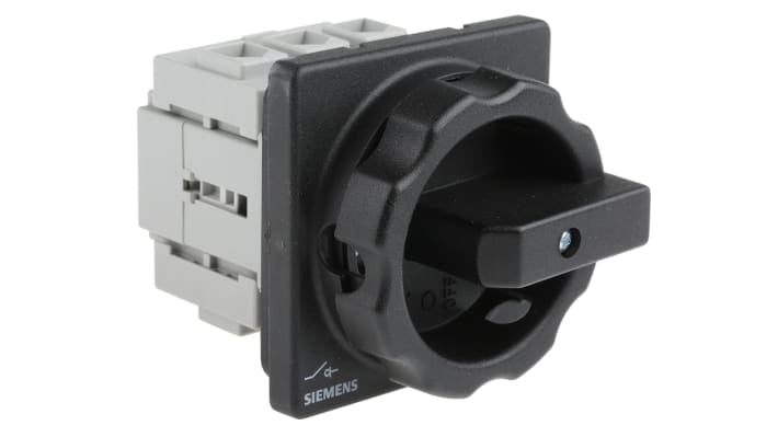 Interruttore di isolamento Siemens 3 poli, 32A, IP65, montaggio a pannello, dimensioni 83x67x92.5mm, maniglia nera.