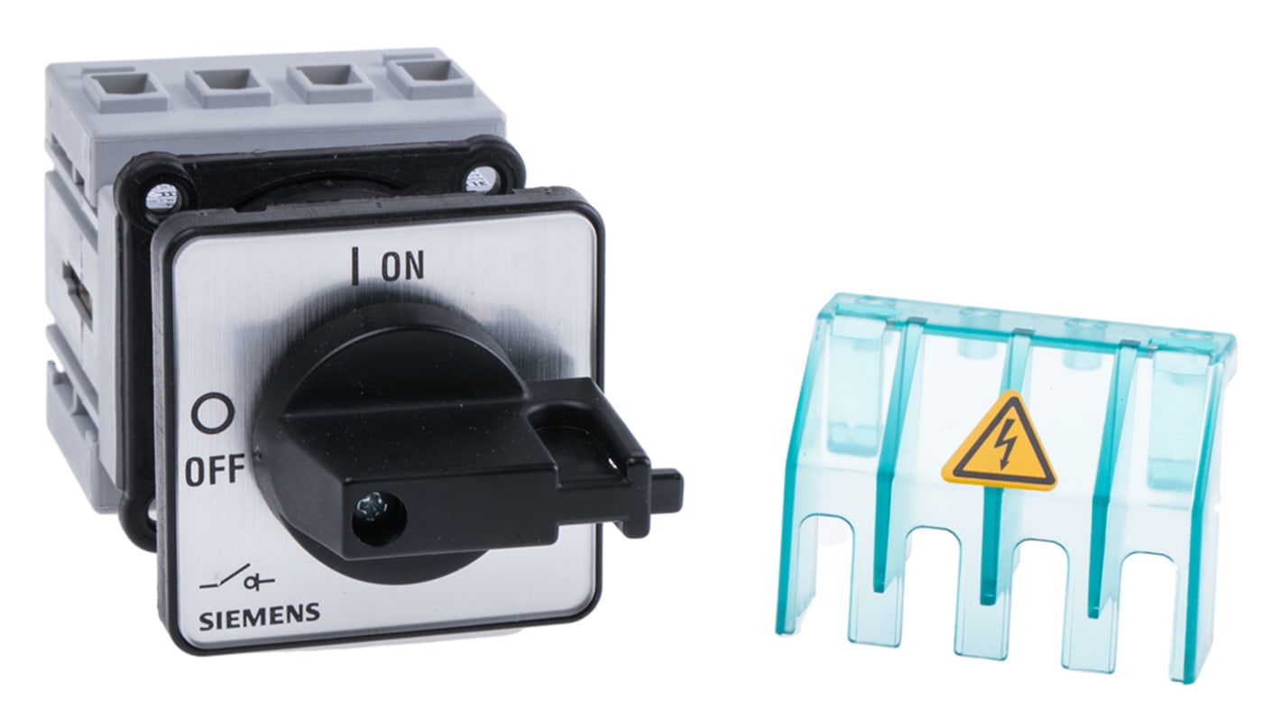 Interruttore di isolamento Siemens 3P+N, 16A, 690V, montaggio a pannello, protezione IP65, dimensioni 48x48 mm.