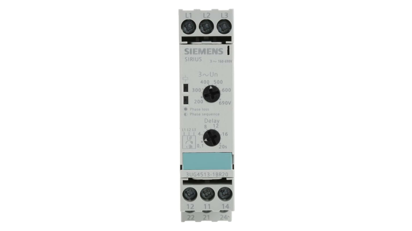 Relè di monitoraggio Siemens 3UG4513-1BR20, DPDT, tensione 160-690 V, montaggio su guida DIN, dimensioni 91 x 22,5 x 92 mm.