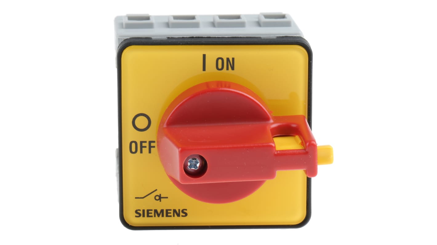 Interruttore di isolamento Siemens 3LD2022-1TL13, 3 poli, 16A, montaggio a pannello, grado di protezione IP65, dimensioni 49x49x50mm.