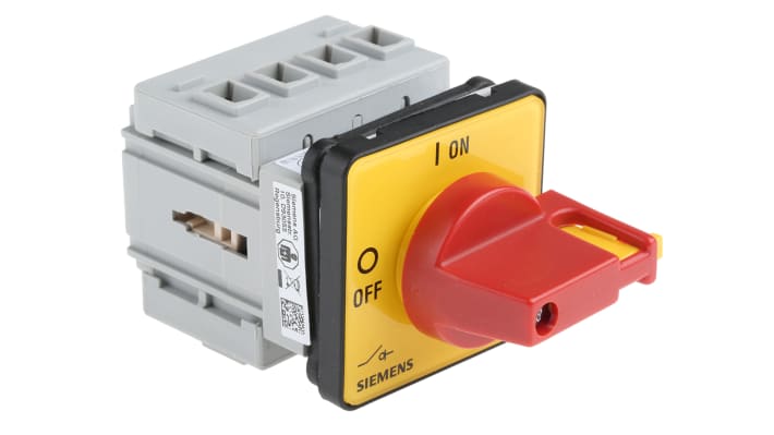 Interruttore di isolamento Siemens 3LD2022-1TL13, 3 poli, 16A, montaggio a pannello, grado di protezione IP65, dimensioni 49x49x50mm.