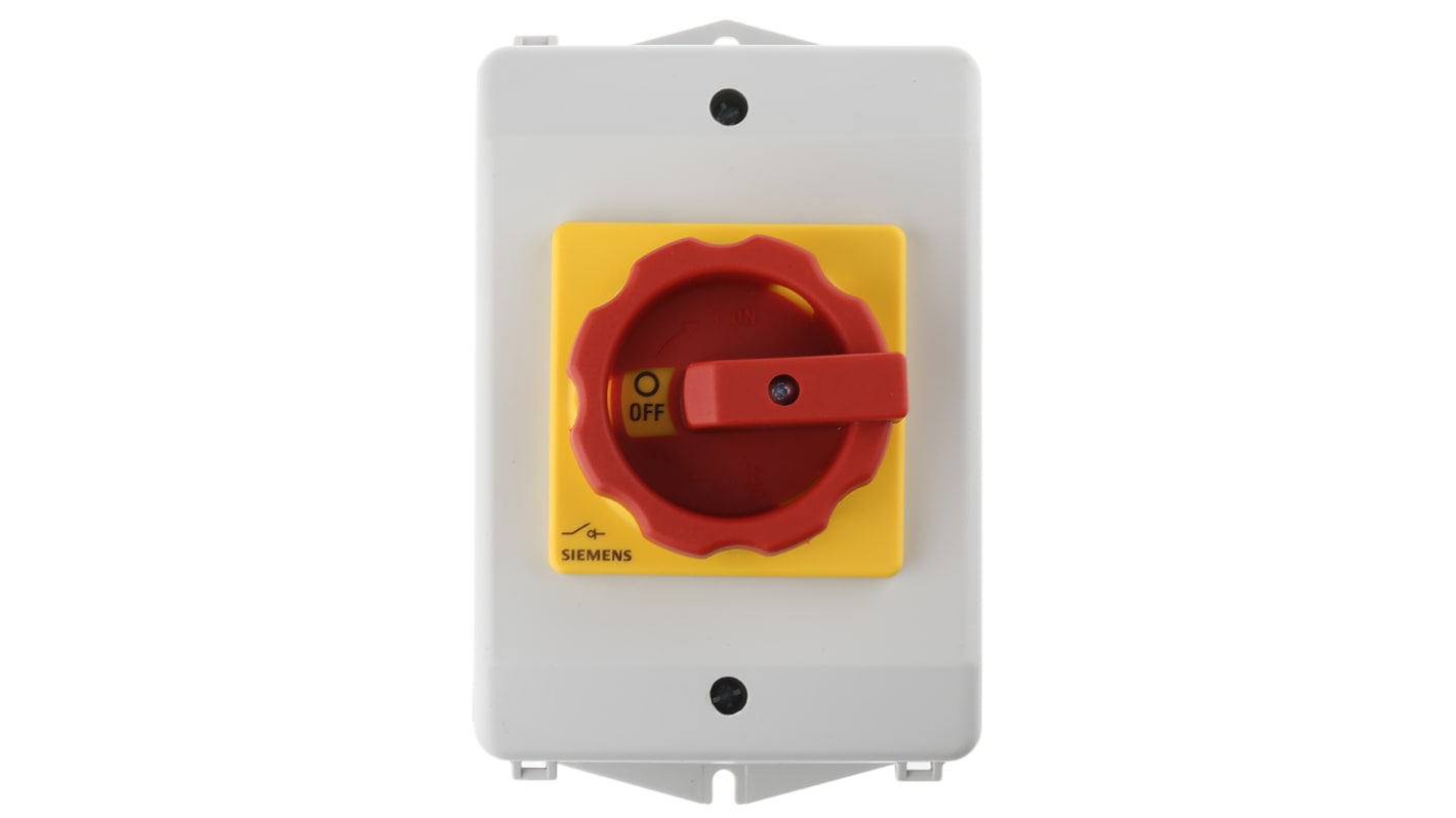 Interruttore di isolamento Siemens 3 poli, configurazione NO/NC, 32A, IP65, manopola rossa, dimensioni 100x140x81mm.