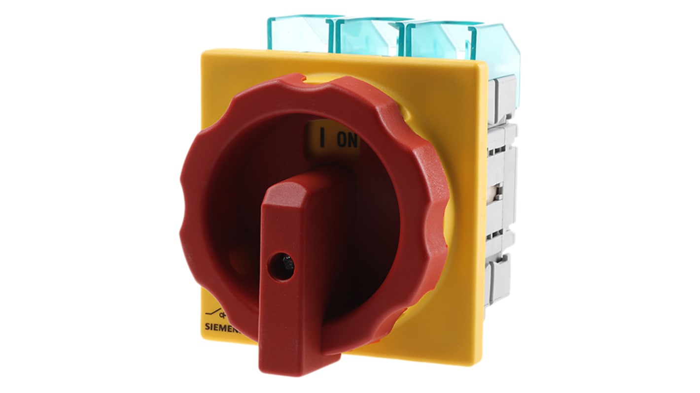 Interruttore di isolamento Siemens 3LD2704-0TK53, 3P 100A 690V IP65 per montaggio a pannello. Manopola rossa, ideale per arresto d'emergenza.